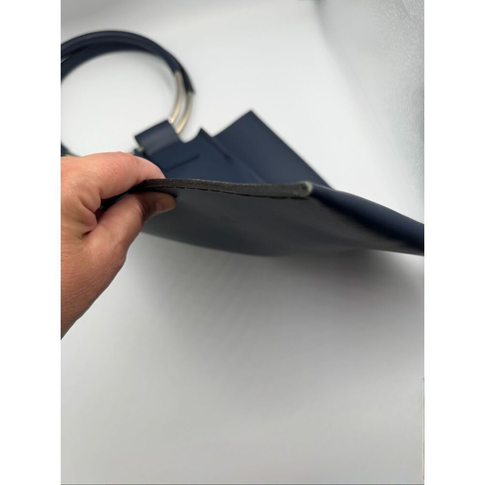 KLISAB Blue Leather Ring Handle Tote Bag Minimalist Top Handle Purse Handmade - Picture 9 of 13